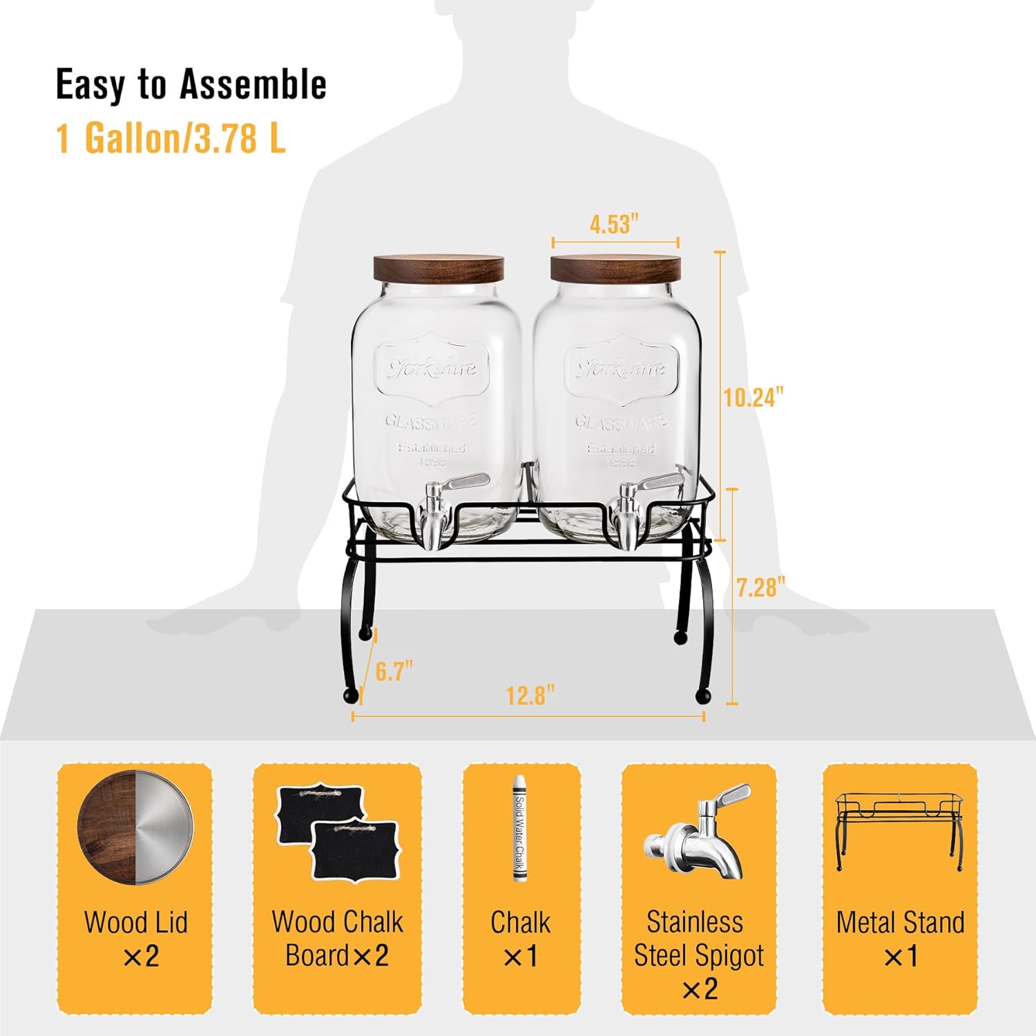 Glass Drink Dispenser for Parties, 1 Gallon Beverage Dispenser with Stand and Spigot Solid Stainless Steel, Used as Lemonade Dispenser Sun Tea Jar Kombucha โ image 2