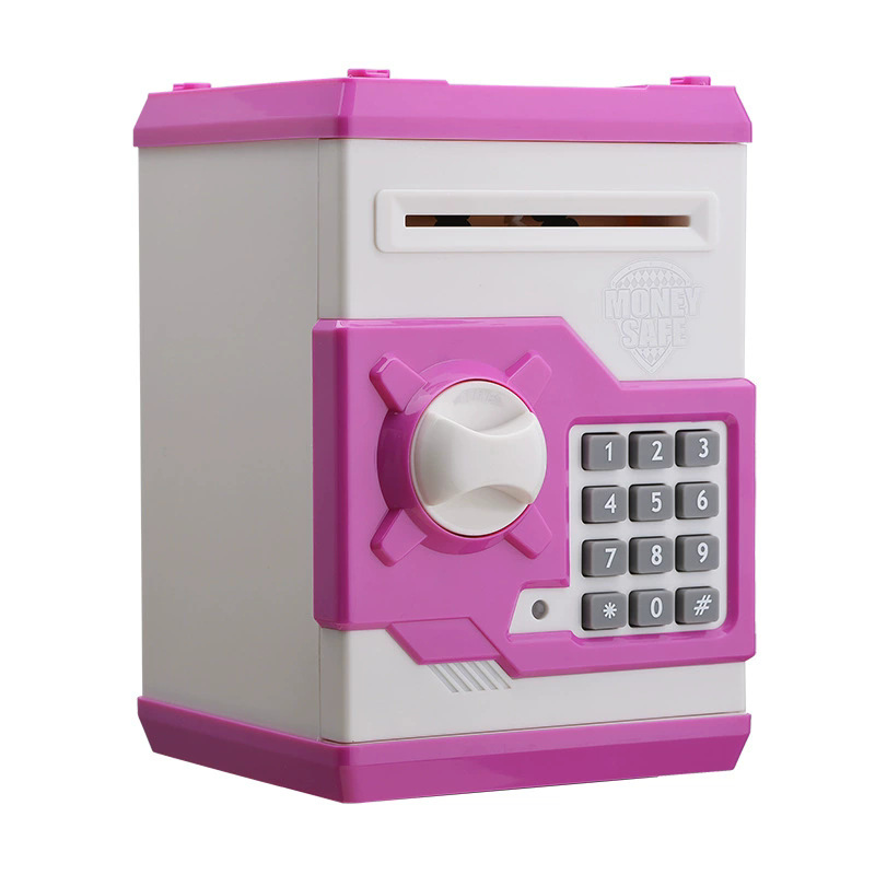 White and Pink Electronic Password Piggy Bank — An ATM-style automatic money-rolling safe featuring a digital keypad lock, 4-digit password security, and a