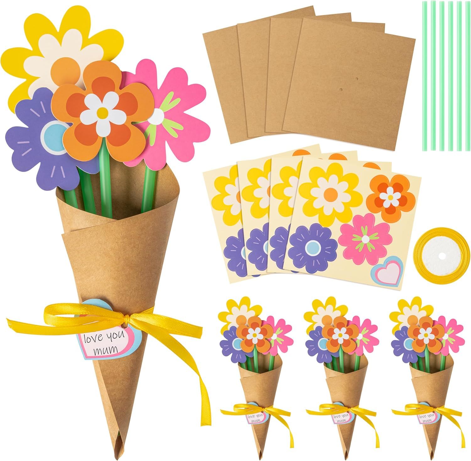 Flower Bouquet Craft Kit - 24Pcs Mother's Day Flower Bouquet Craft for Kids Make Your Own Bunch of Flowers Teacher Appreciation Week DIY Thankful Gift Set