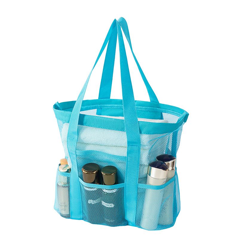 Blue small size Large Capacity Mesh Beach Tote Bag - Breathable PET with Multi-Pocket Storage, Quick-Dry Design for Travel, Gym, and Poolside Use