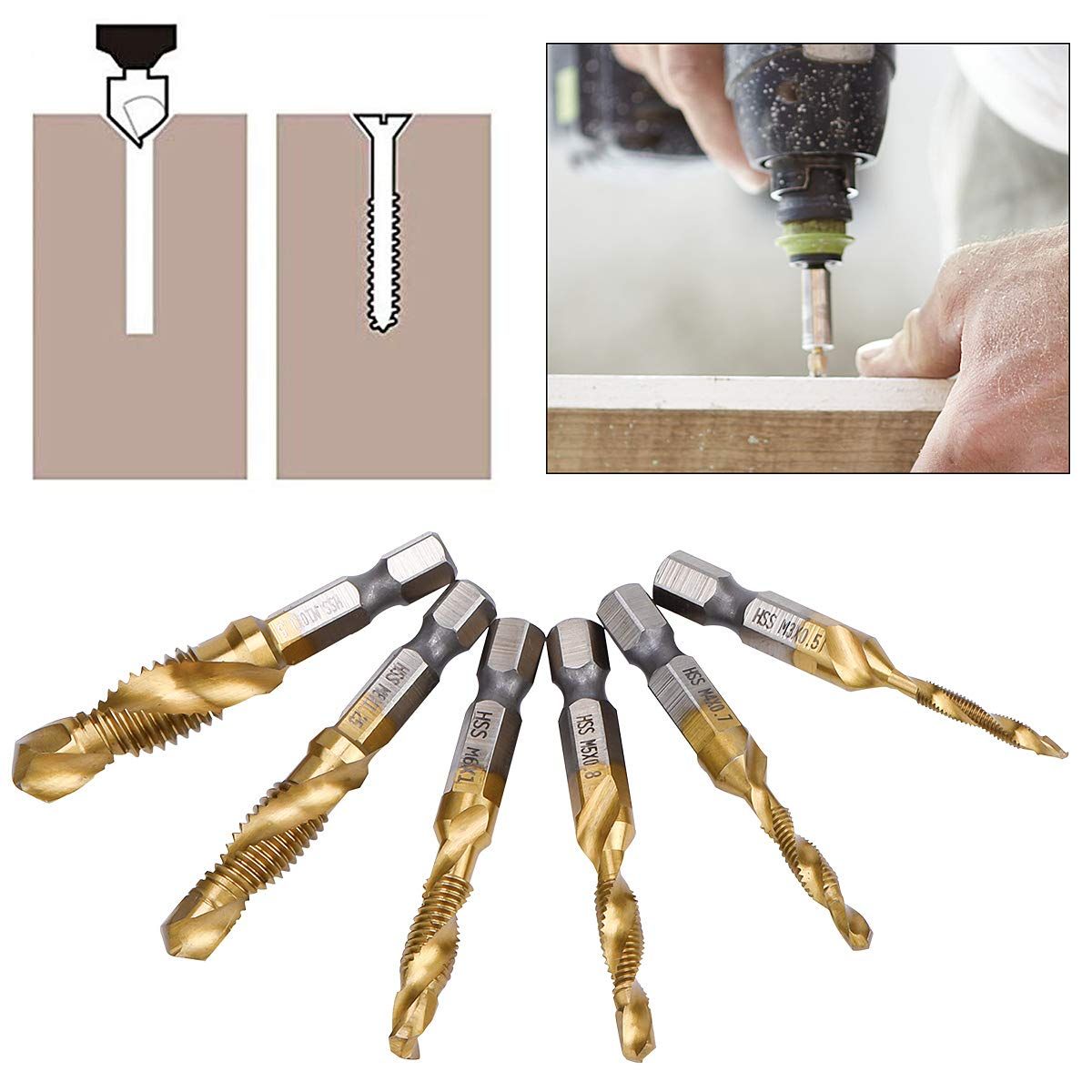 Combination Drill Tap Bit Set 6 Piece Hex Shank Quick Change HSS Titanium Coated Spiral Tap Drill Bit Include Spiral Screw Tap Set — image 4