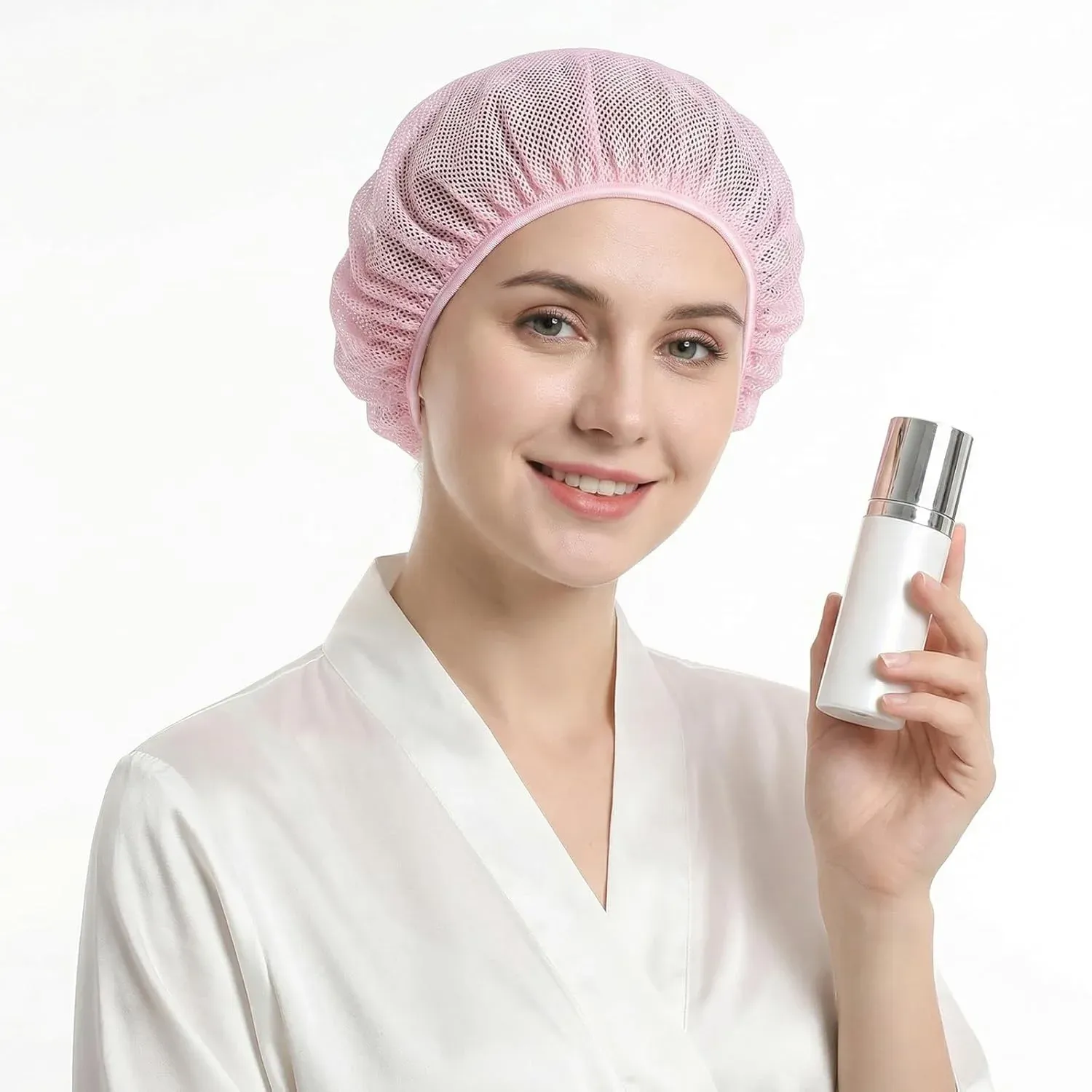 4 Pack Mesh Sleep Bonnets for Women, Breathable Elastic Hair Nets, Pink Blue Orange Black — image 6