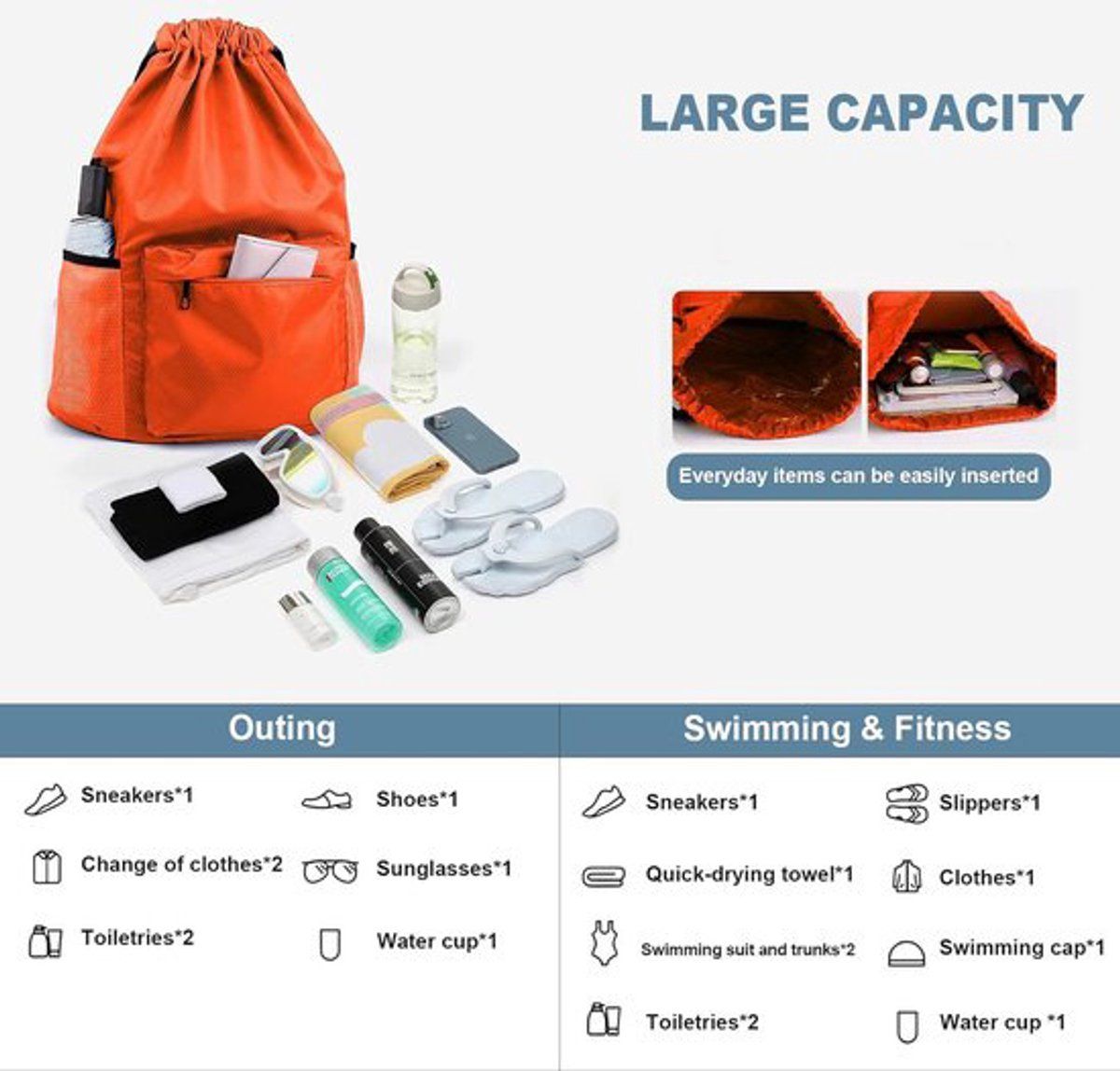 Waterproof Drawstring Gym Bag with Wet Dry Compartment, Lightweight Sports Backpack for Yoga, Dance and Travel, Orange, Small, 41.9 cm โ image 5