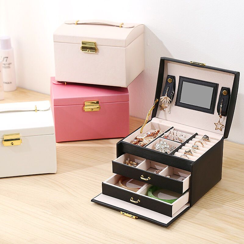 Jewelry Box 3 Layer Faux Leather Makeup Case with 2 Drawers Black — image 3