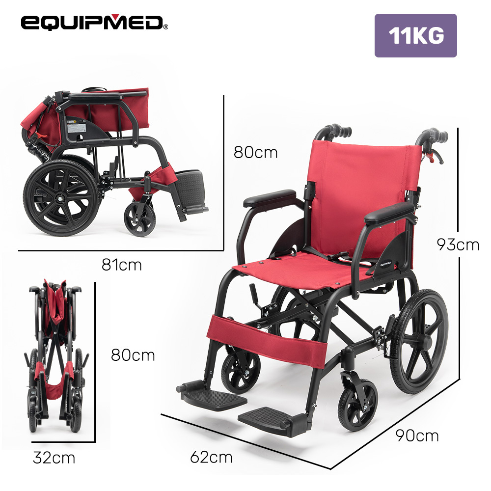 Equipmed Folding Transit Wheelchair, Lightweight Aluminium for Easy Transport, Crimson Red — image 2