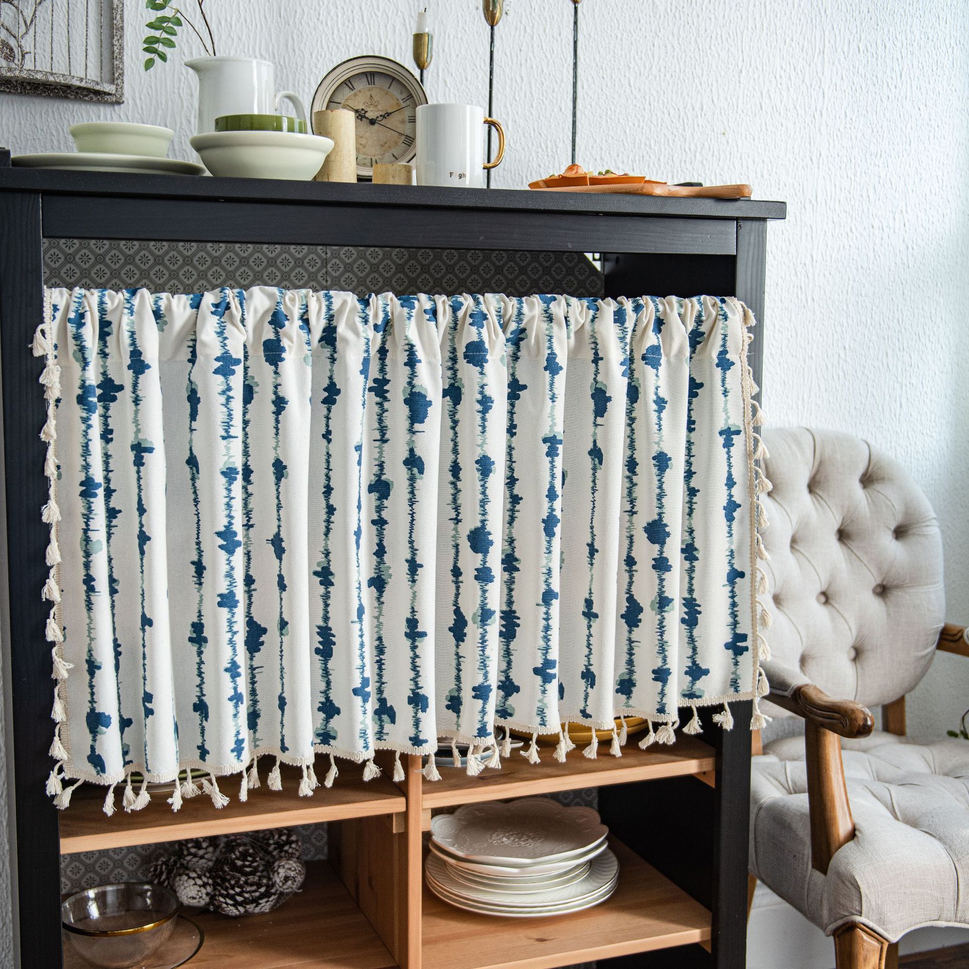 Blue Striped Cafe Curtain - 150 x 60 cm Cotton Linen Half Window Curtain with Tassel Trim for Kitchen, Cabinet and Small Window Decor — image 2