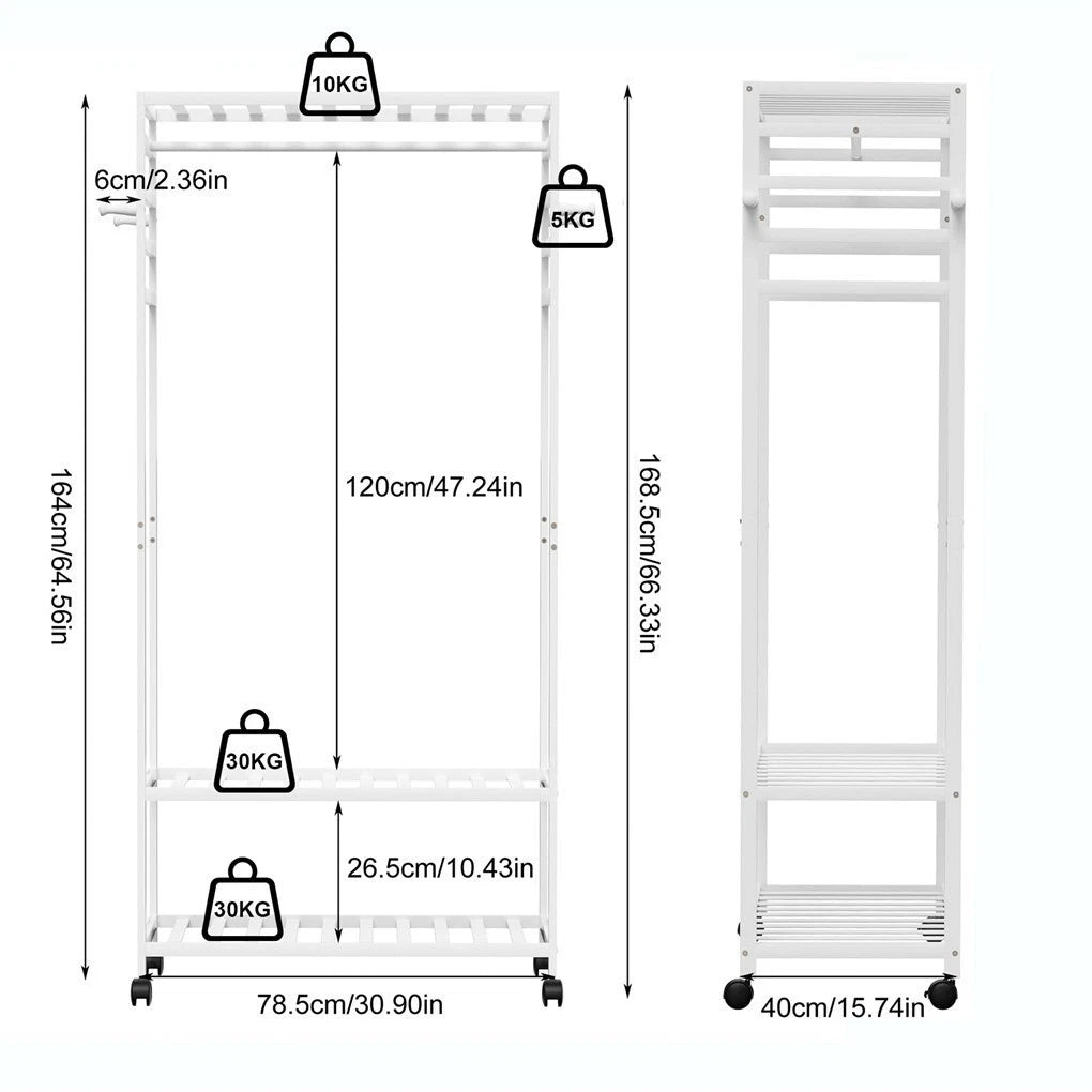 XXL Bamboo Clothes Rail Coat Rack with Wheels, Wooden Open Wardrobe Garment Organizer with Hanging Rod, Shelves and Hooks, White Freestanding Clothes Stand — image 3