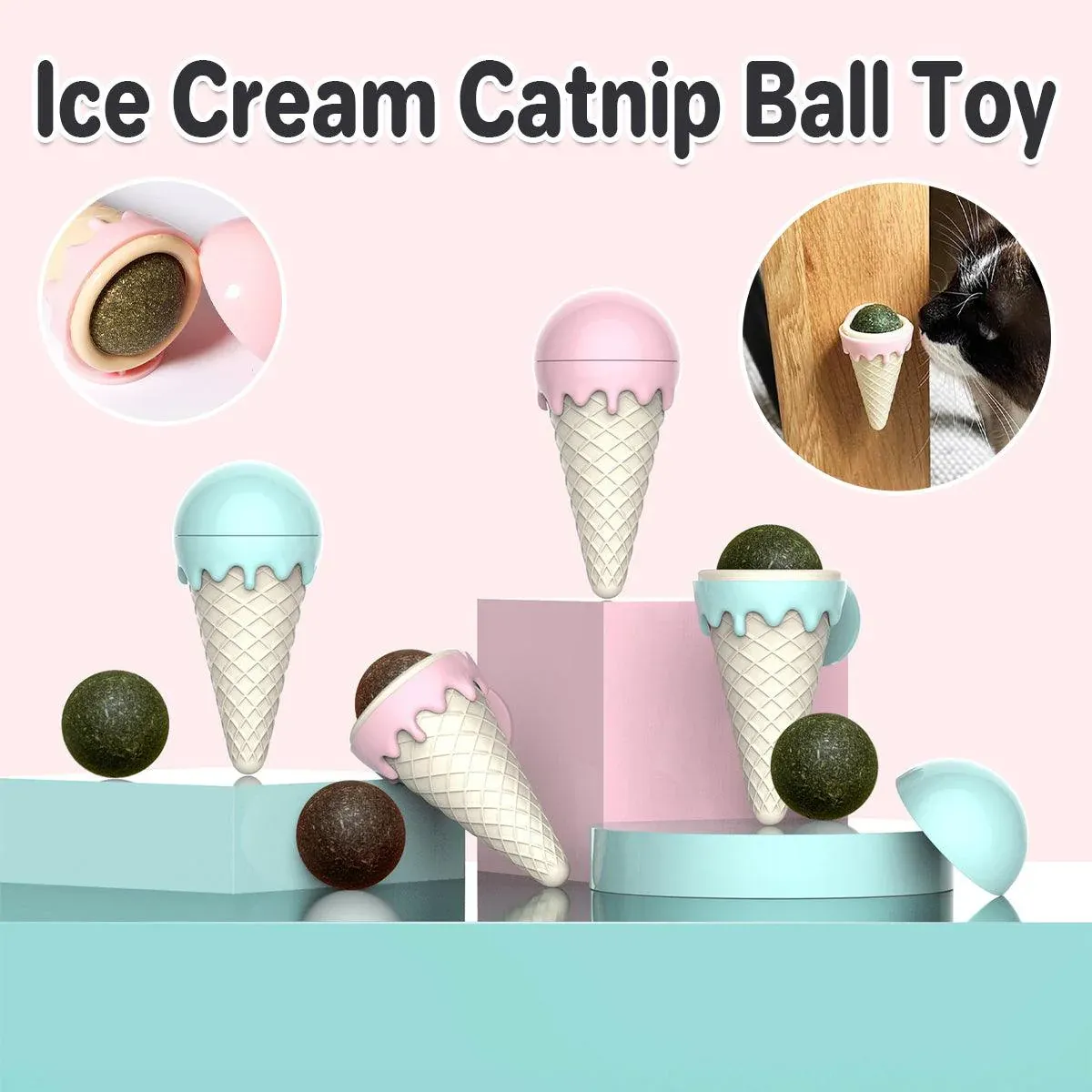 Ice Cream Catnip Balls Teeth Cleaning Chew Toy for Cats Interactive Pet Toys - Pink — image 2
