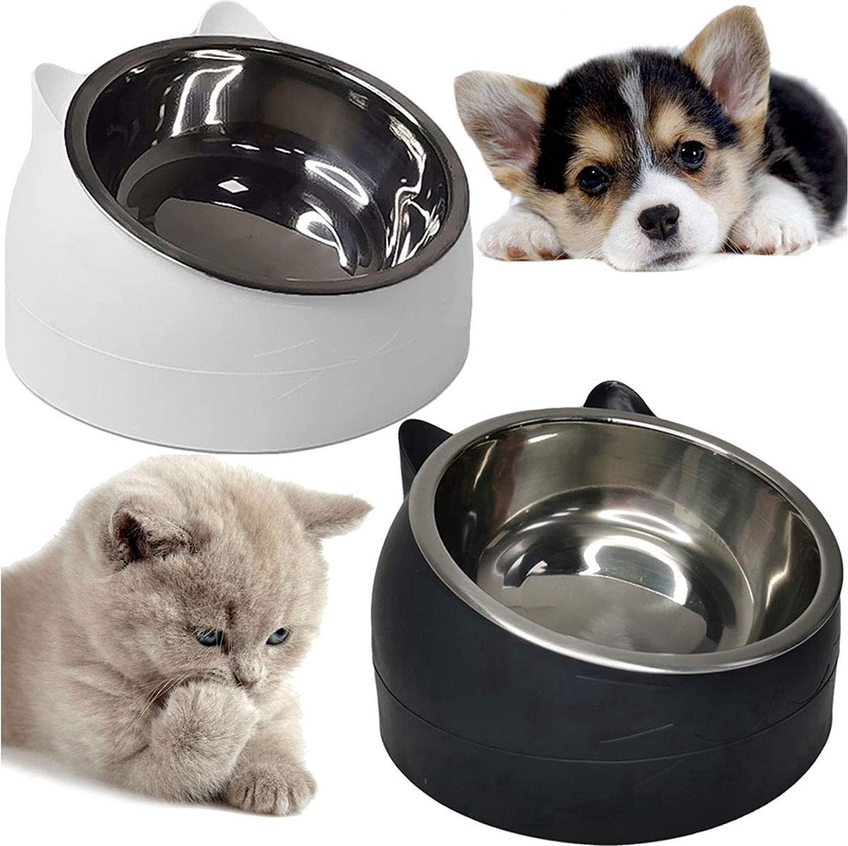 Dog Food Bowl - Cat Food Bowl - Stainless Steel - BPA-Free - Removable 2-in-1 Pet Bowl - 15° Tiltable - 2 × 200 ml - Dog Bowl - Sturdy - Durable - Non-Slip