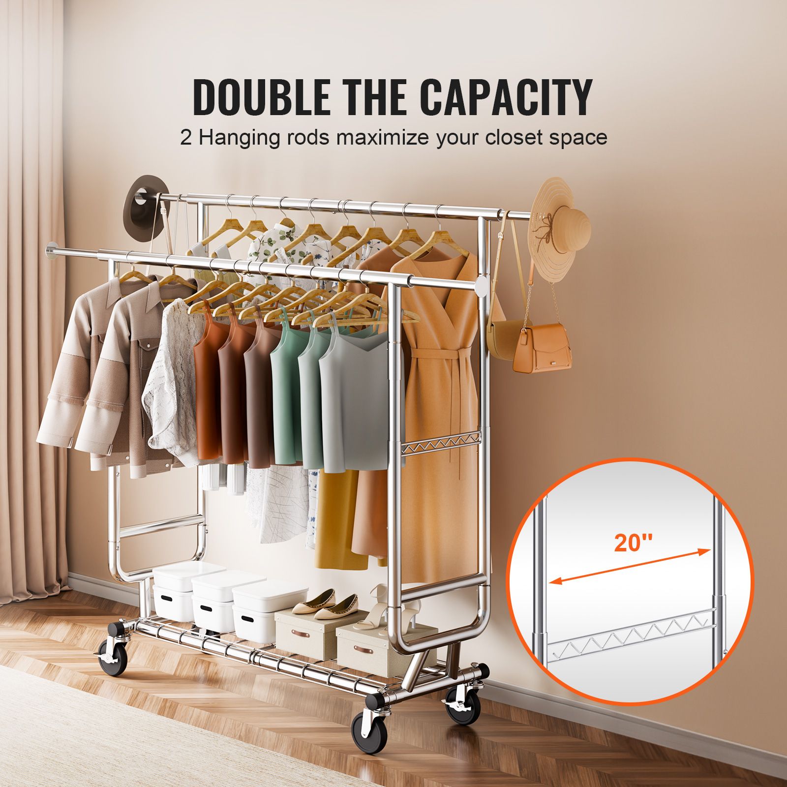 Heavy Duty Clothes Rack, Double Hanging Rod Clothing Garment Rack for Hanging Clothes, Adjustable Height and Extendable Length Clothing Rack with Bottom — image 2