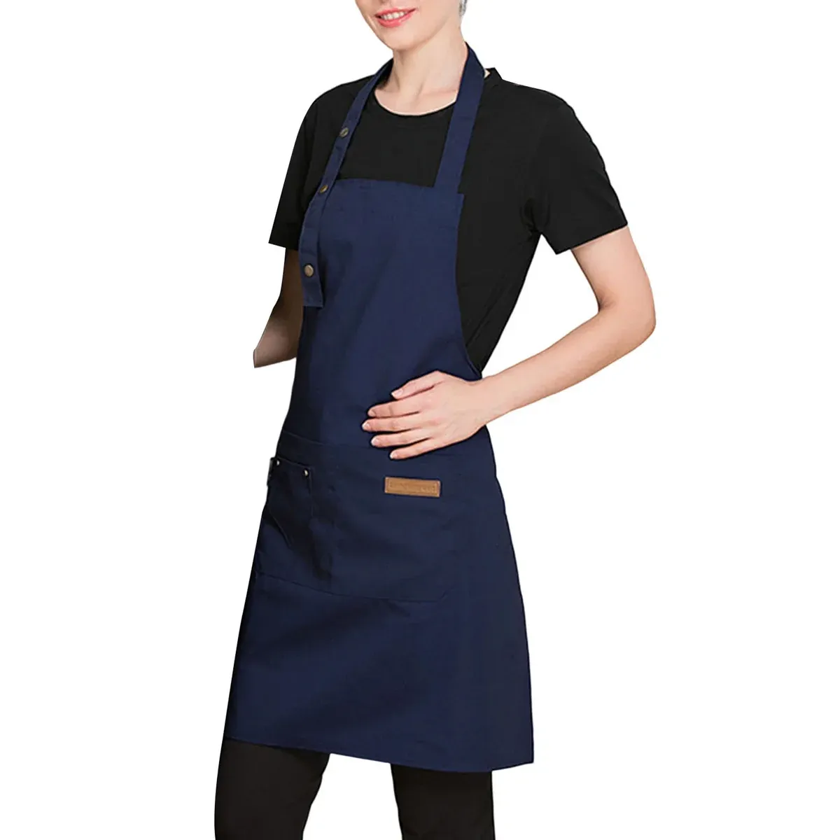 Cafe Restaurant Home Neck Hanging Waist Tie Apron Waterproof Adjustable Strap - Dark Blue