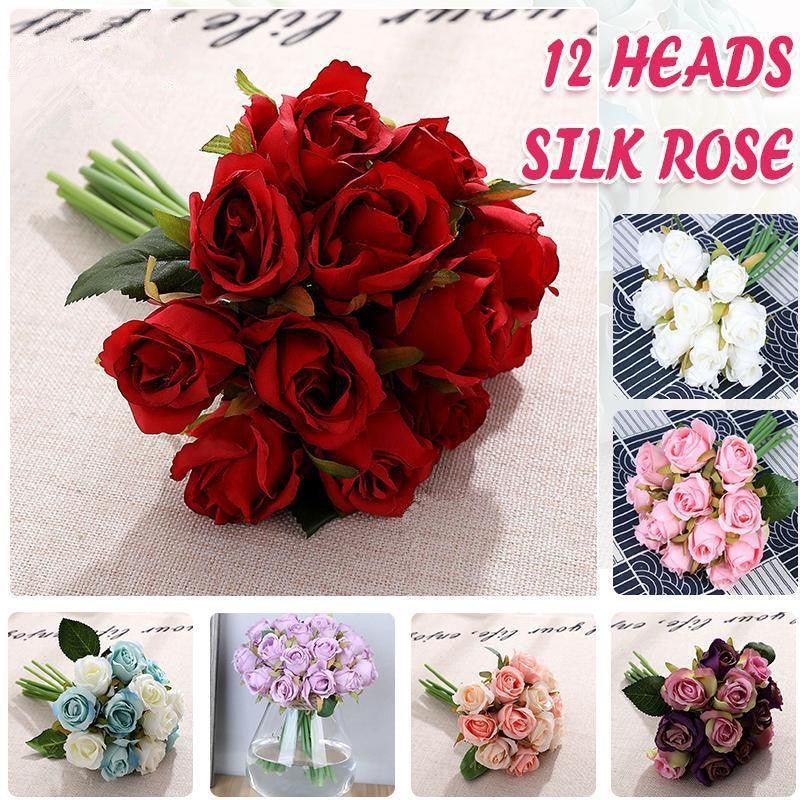 12 Heads Silk Rose Artificial Flowers Fake Bouquet - pink — image 2