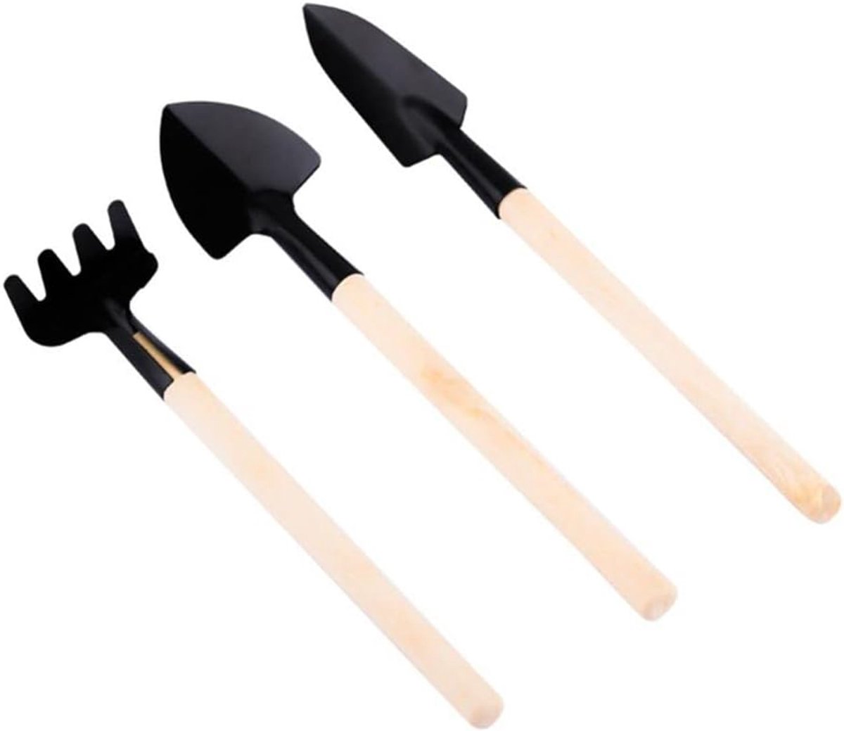 3-piece mini garden tool set - for pots and plants - Wooden handle design - Shovel, rake, and soil shovel - Small size for precise work