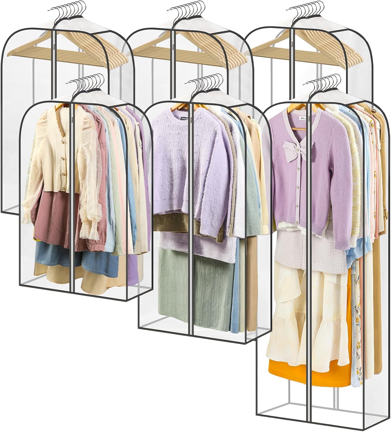 LANDNEOO 6 Pack Clear Garment Bags for Hanging Clothes with Zippers on Double Sides - 10'' Clothes Storage for Coat, Dress, and Fur in Closet - 32&40&60" Long