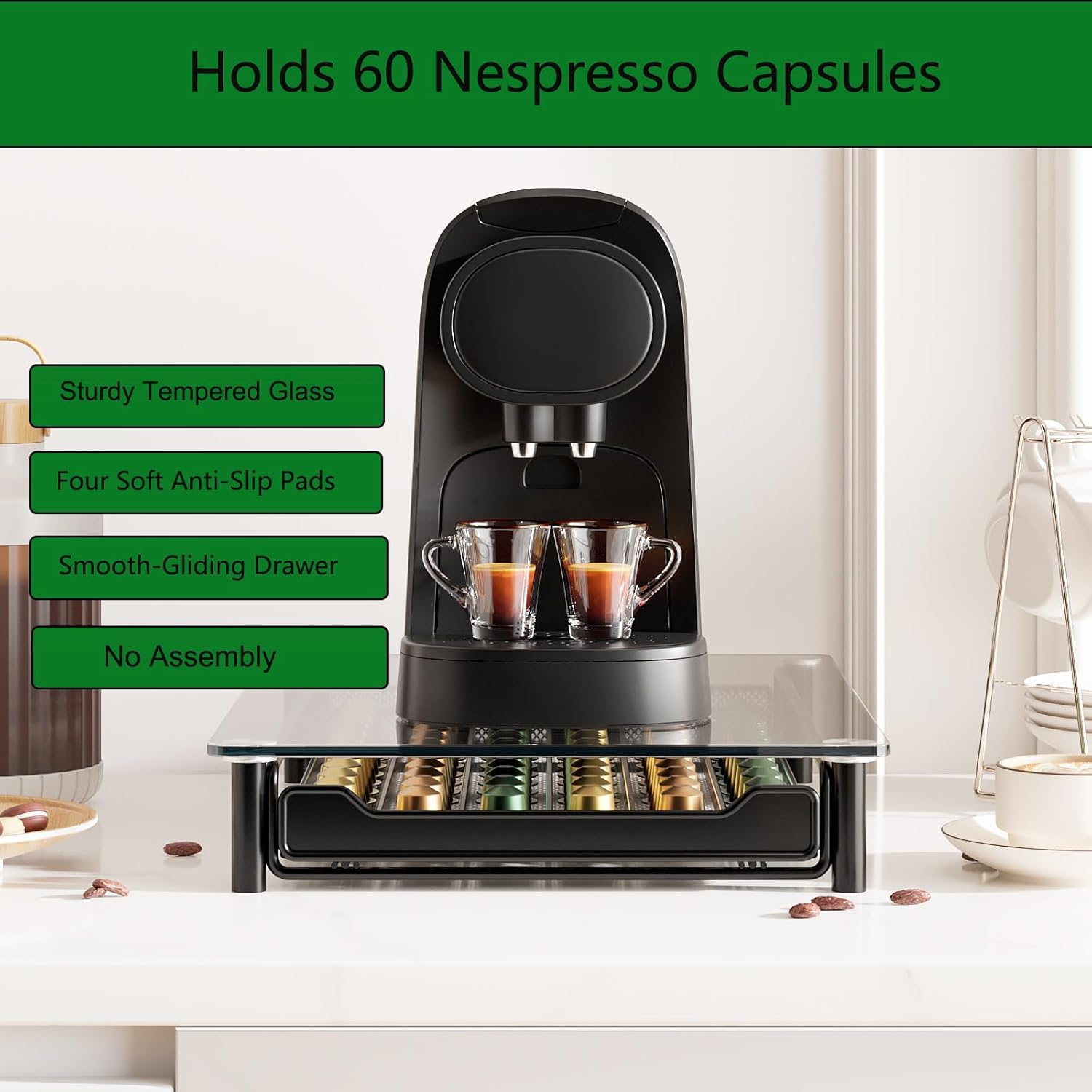 CARLA HOME 60 Coffee Pod Holder Drawer with Tempered Glass Capsule Organizer for Nespresso Pods and Sliding Drawer for Kitchen Countertop โ image 3