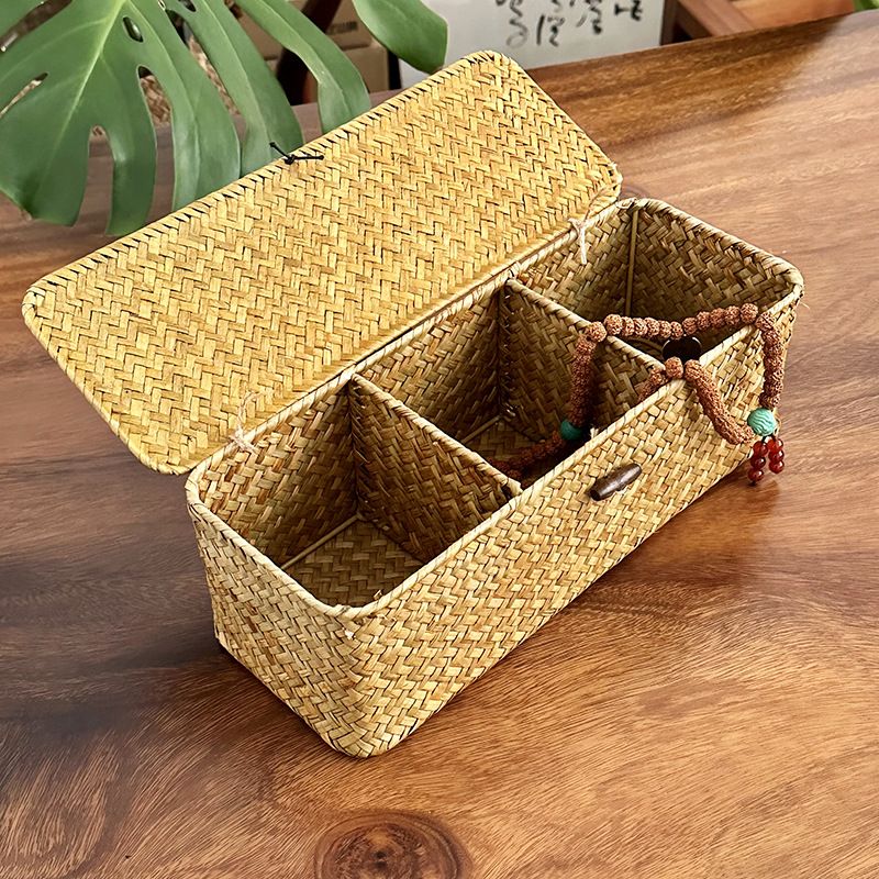 Covered compartment storage basket, 3-compartment handmade woven storage basket, household storage box, cosmetics, clothes โ image 5