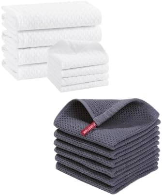 Homaxy Microfiber Waffle Weave Towels Set, 16 x 28 Inch and 12 x 12 Inch and 100% Cotton Waffle Weave Kitchen Dish Cloths