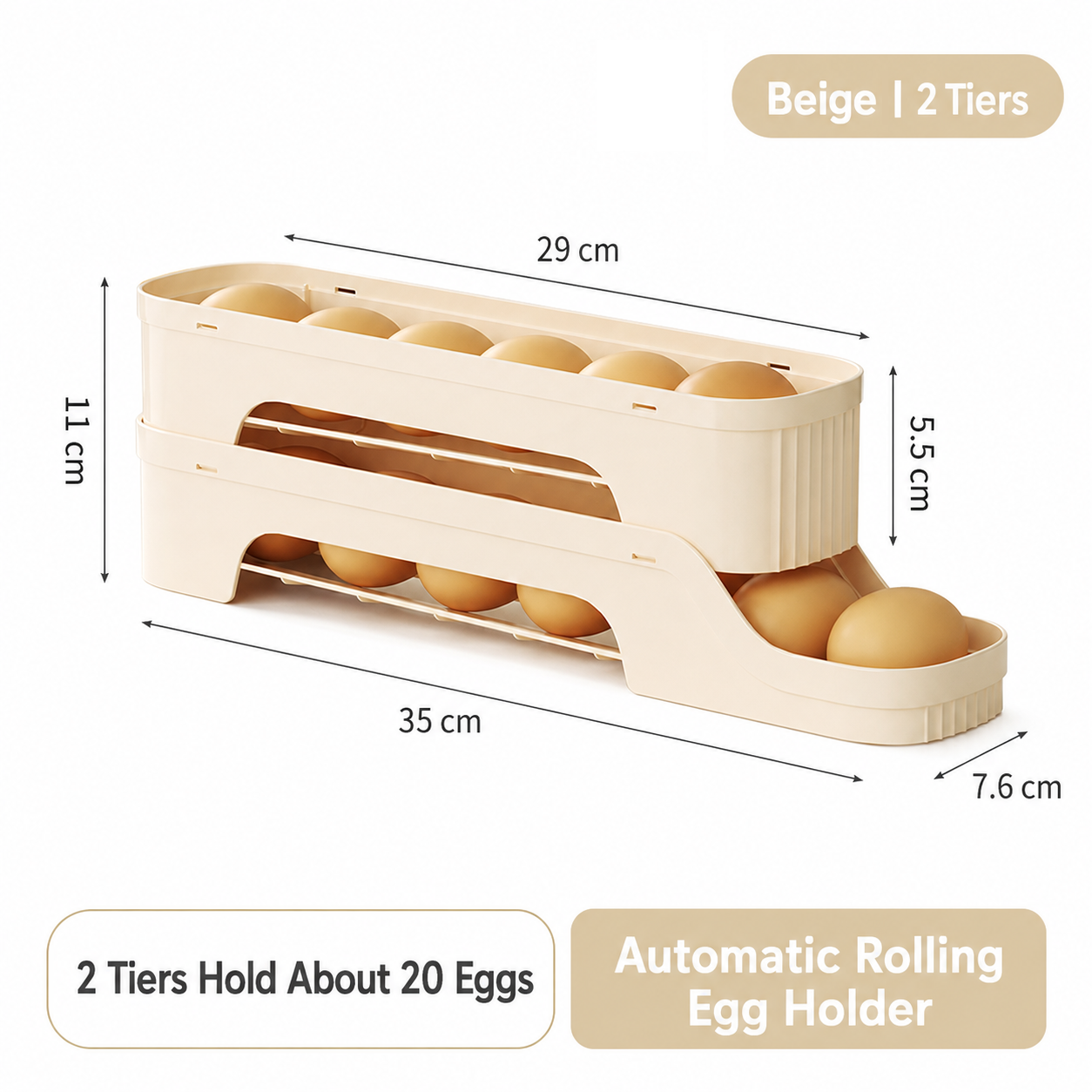 2-Tier Beige Rolling Egg Storage Box - Grade PP Plastic - Automatic Dispensing, Space Saving Fridge Organizer, Detachable Design for Kitchen and