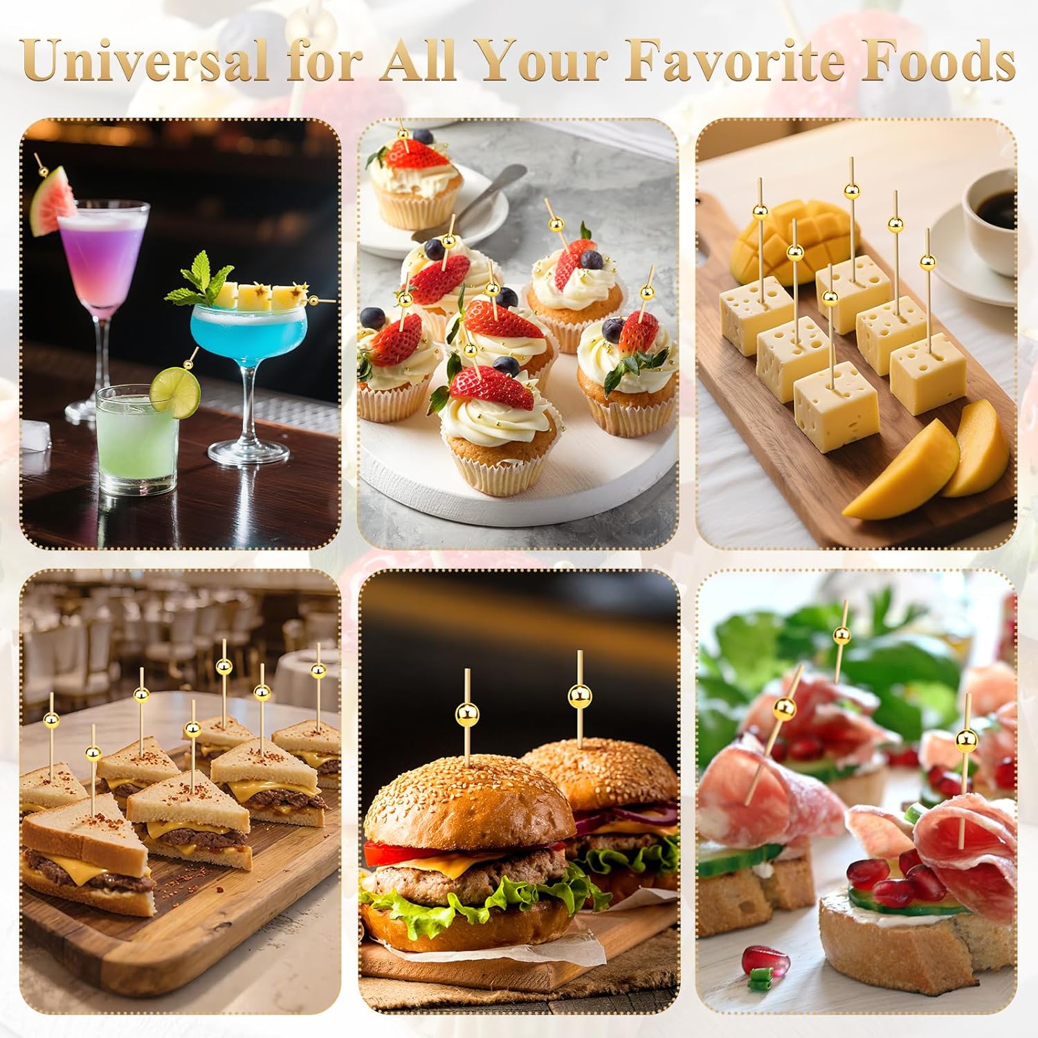 [300PCS] Cocktail Picks, Fancy Toothpicks for Appetizers Drinks Food Fruit, 4.7 IN Long Decorative Bamboo Skewers, Gold Pearl Wooden Garnish Sticks for — image 6