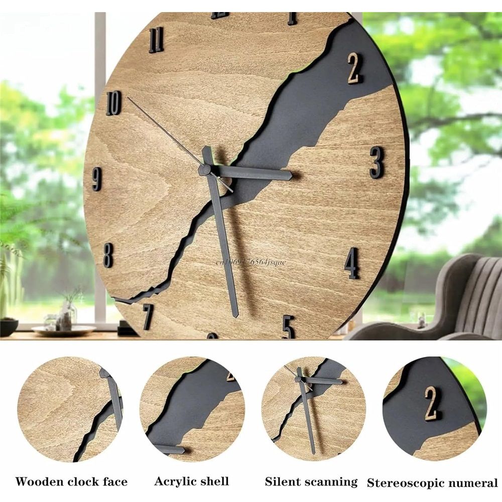 12Inch Simple Cracked Wooden Wall Clock - Silent Non-Ticking Large Wall Clock Creative Decor for Living Room Office (Battery not included) — image 4