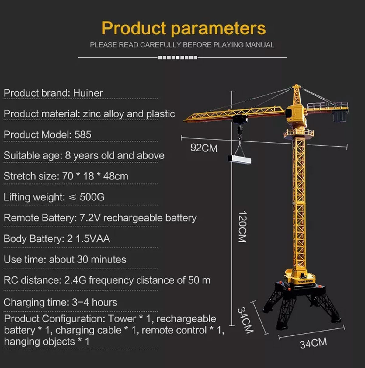 HUINA 1/14 12CH RC Alloy Tower Crane Engineering Construction Vehicle Toy Kids Car โ image 3