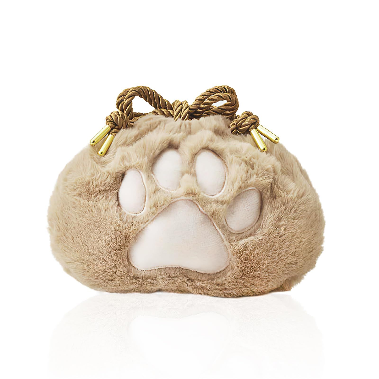 Cute Small Makeup Bag, Cat Makeup Organizer, Plush Cat Paw Pouch, Funny Cat Mom Gifts for Women, Drawstring Cosmetic (Brown)