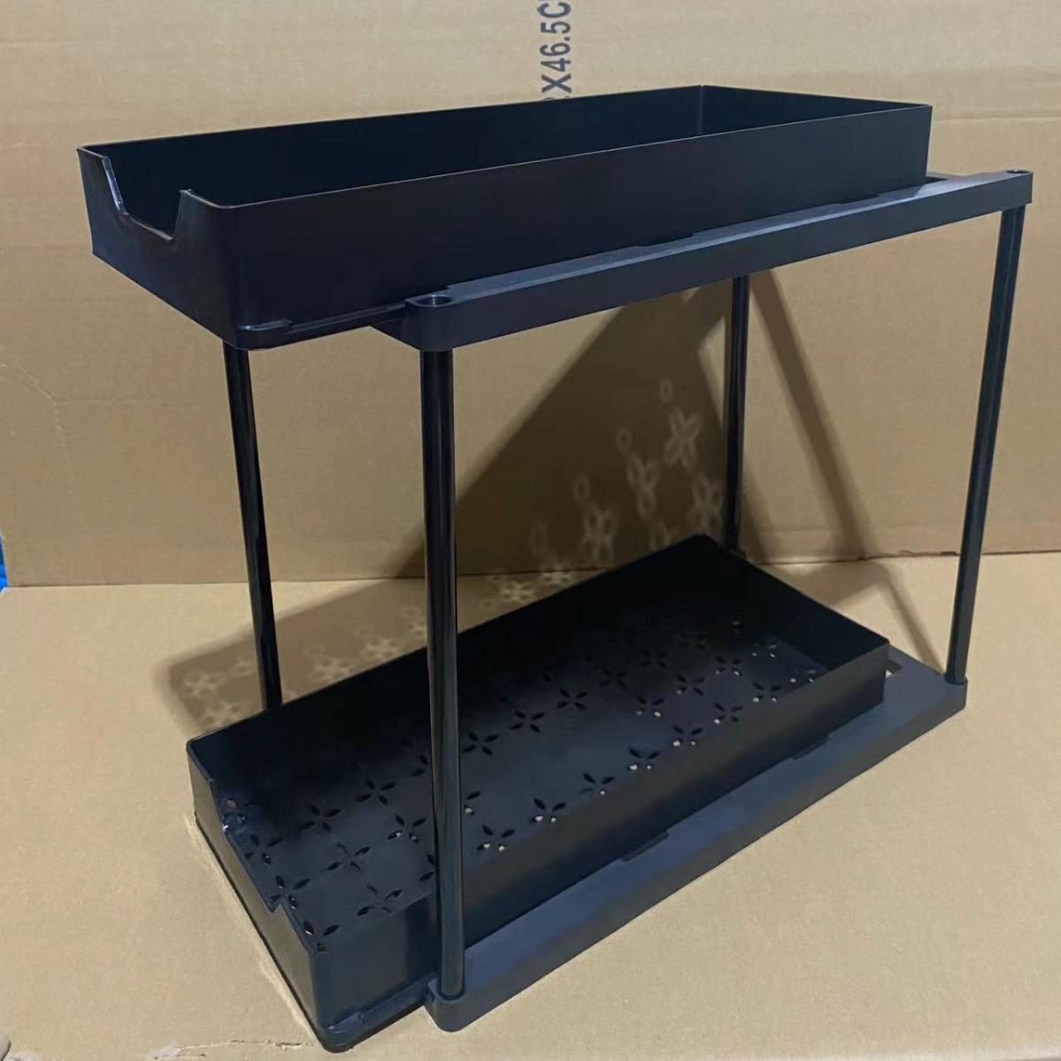 BLACK Two-tier pull-out storage rack. An organizational lifesaver for under the kitchen sink. Features adjustable shelves for easy storage of bottles and jars — image 3