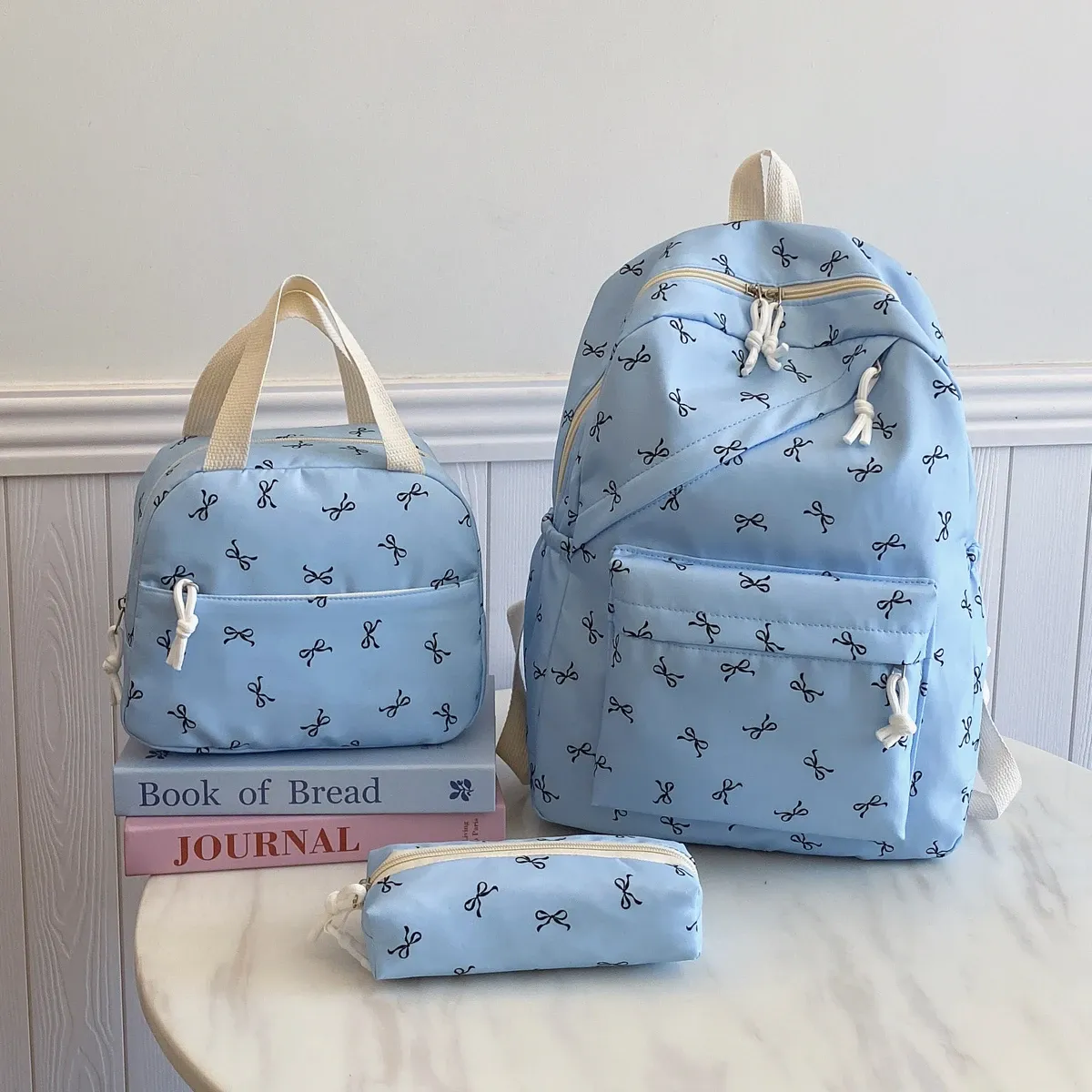 Sweet Bowknot 3-Piece Backpack Set! Large Capacity & Ergonomic Support, Splakpsh-Resistant, Bacack+Tote+Pencil Case, Perfect Gift for School/ blue