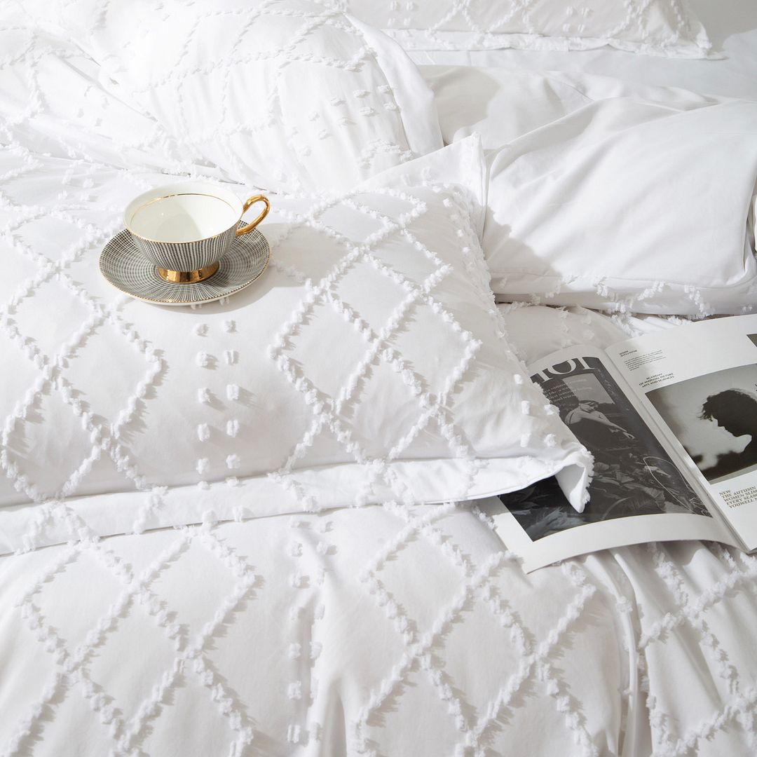 Tufted Boho Embroidery Quilt/Doona/Duvet Cover Set - White - Super King Size — image 3