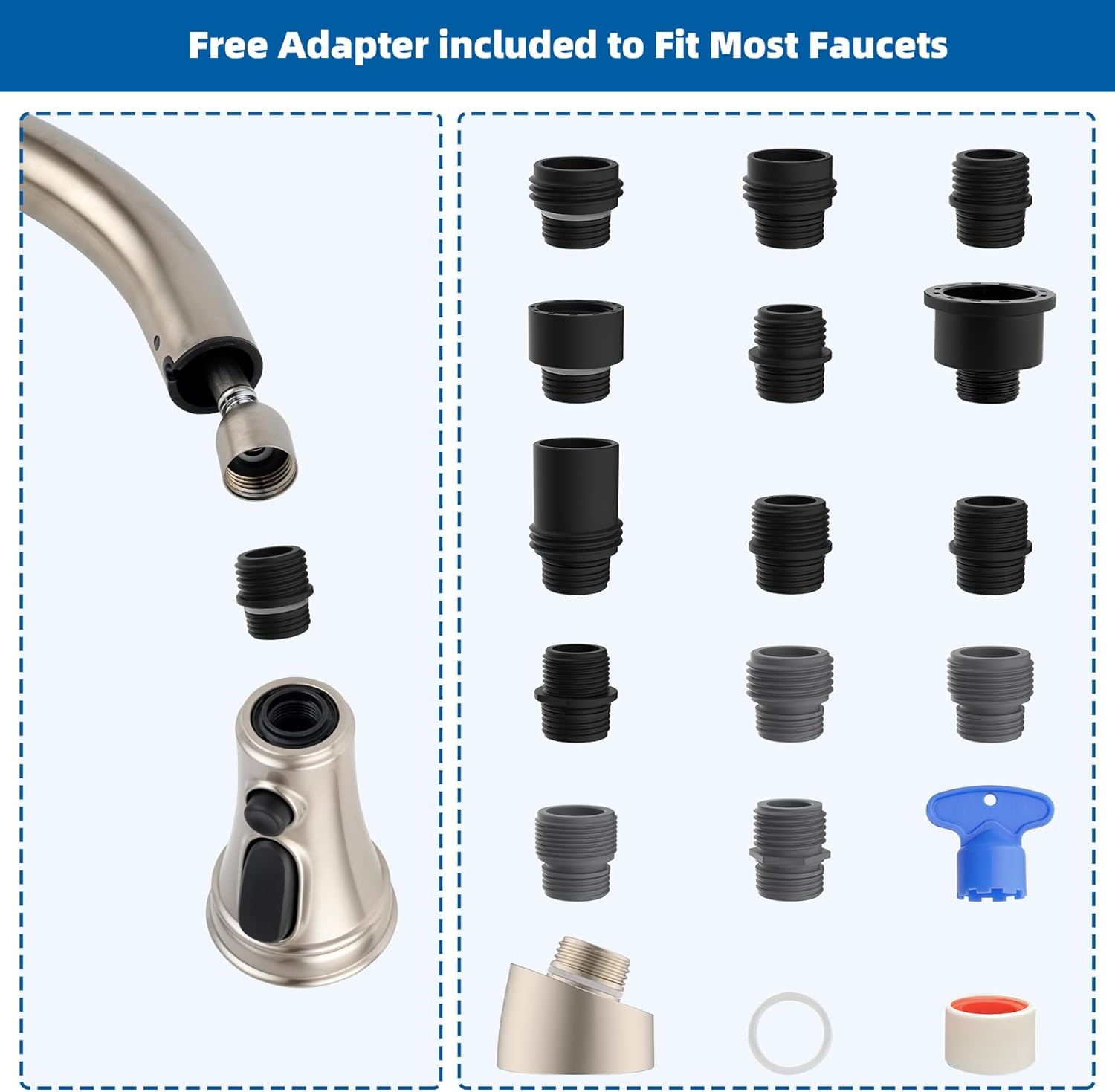 Kitchen Faucet Head Replacement, NSF/ANSI/CAN 61 & CUPC Certified, 3 Function Pull Down Faucet Spray Nozzle-15 Adapters Compatible with Moen, American — image 4
