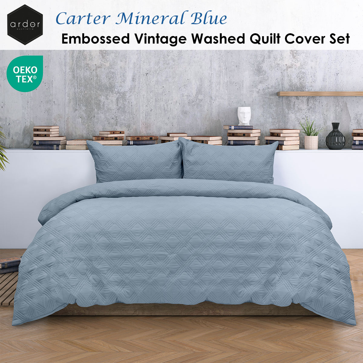 Ardor Carter Mineral Blue Embossed Vintage Washed Geometric Quilt Cover Set Queen โ image 2