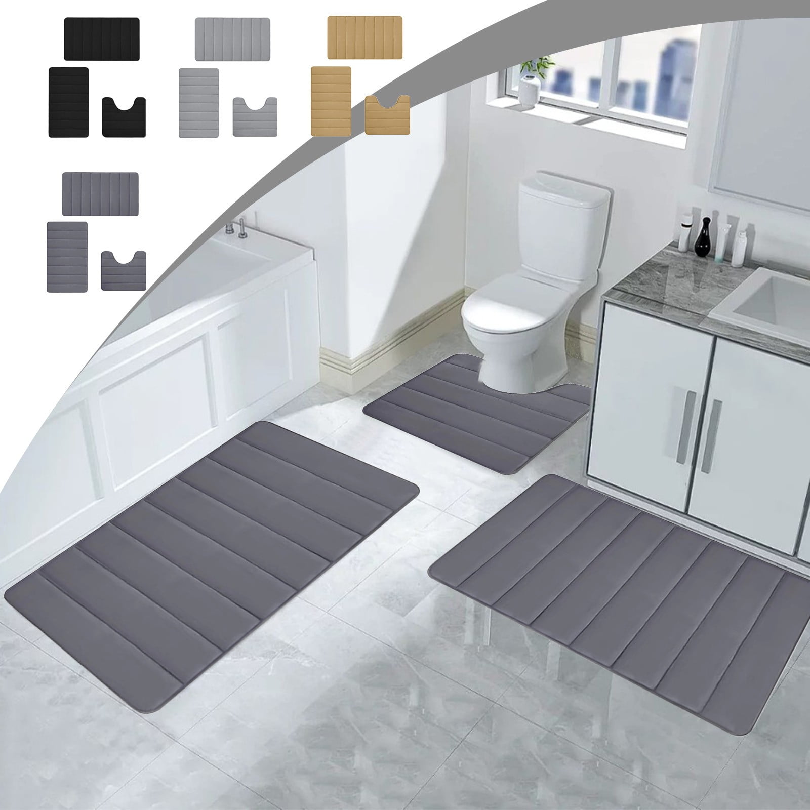 Memory Foam Toilet Rug, Non-Slip Bathroom Rugs, Toilet Rugs U Shaped Washable, Commode Contour Rug, Soft Comfortable Super Water Absorption #3_Black