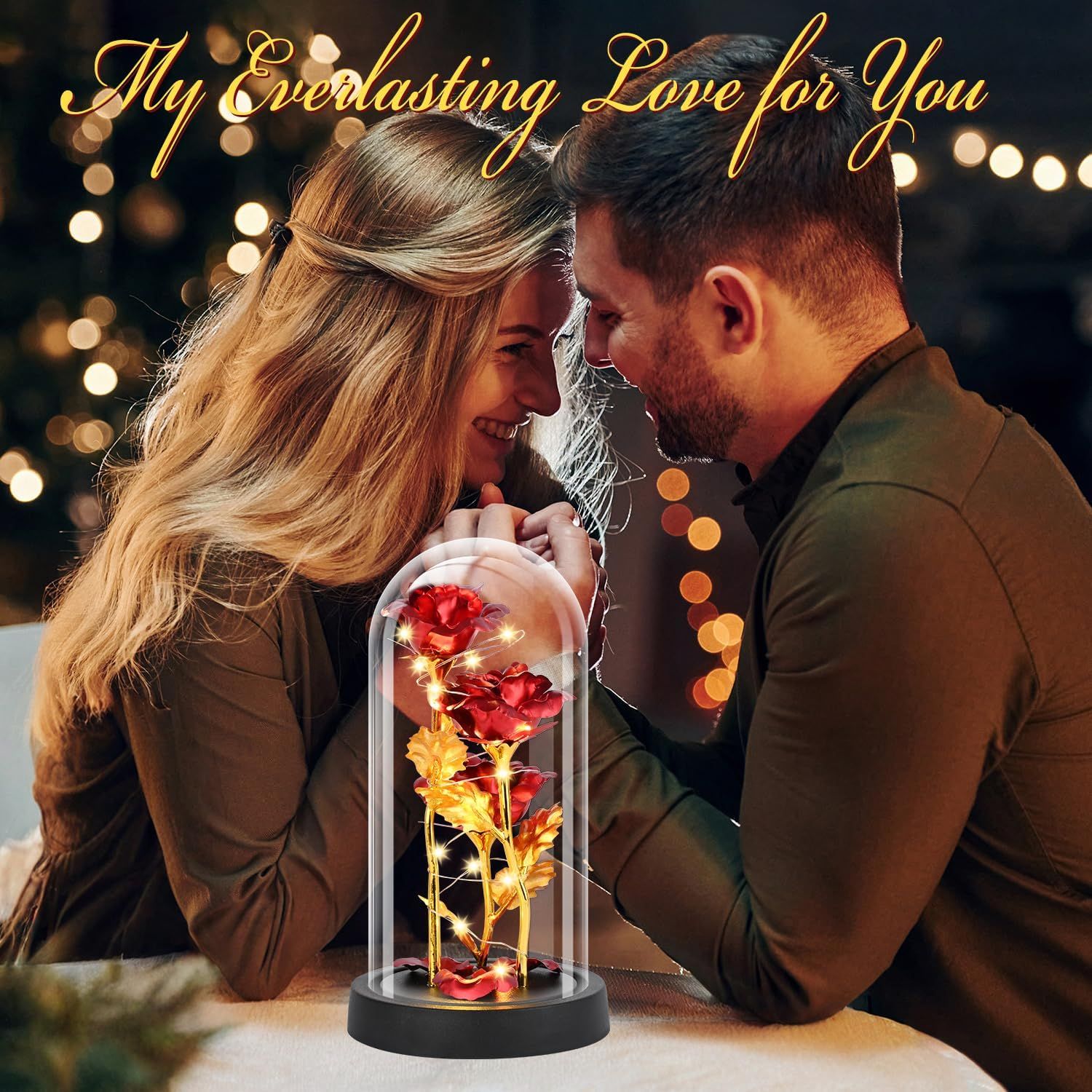 Eternal Blue Rose in Glass Dome with LED Lights, Romantic Forever Flower Gift for Valentine’s Day Anniversary Mother’s Day Birthday (Red) — image 3