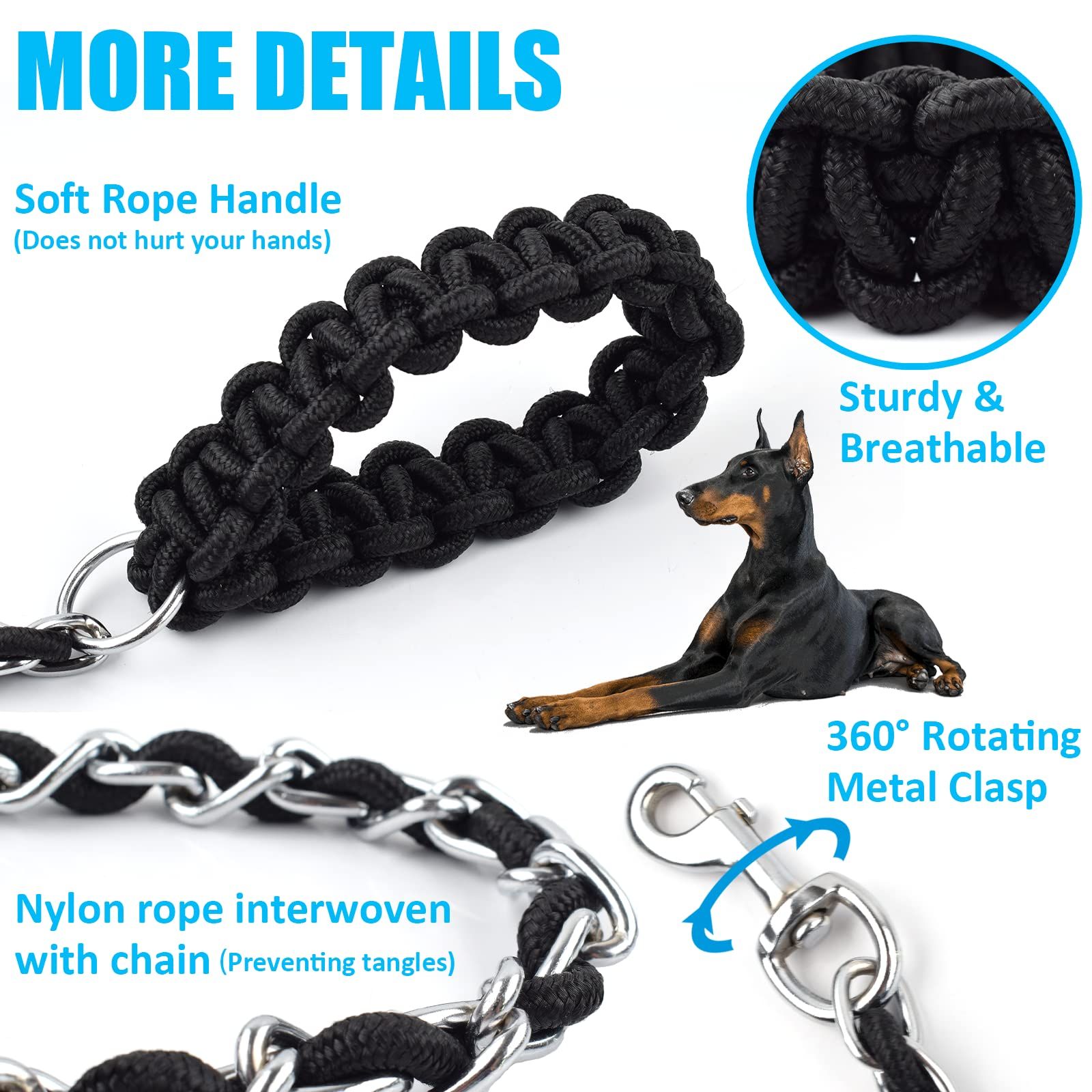Heavy Duty Dog Leashes Metal Pet Chain Lead with Soft Rope Handle for Medium Large Dogs L-170 * 0.5cm single rope — image 4
