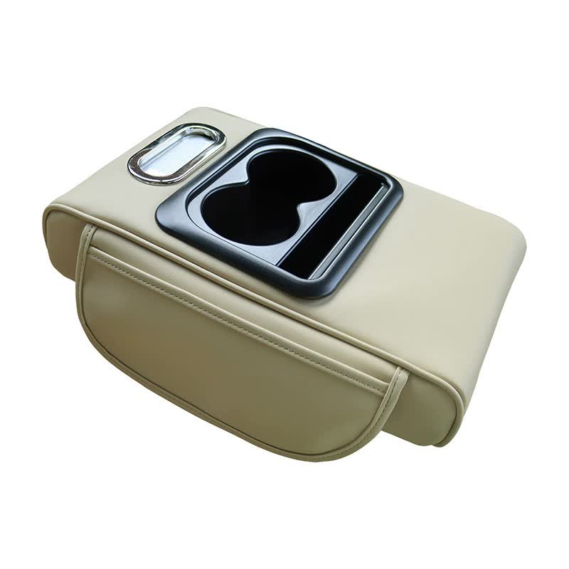 GT-6 No embroidery Beige,Multifunctional Car Armrest Storage Box Cushion - Universal Fit with Cup Holder and Tissue Dispenser