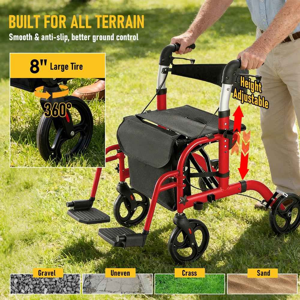 2-in-1 Foldable Aluminium Rollator Walker with Seat, Adjustable Handles, 8" All-Terrain Wheels, Detachable Storage Bag, 136kg Capacity, Lightweight Walking โ image 3