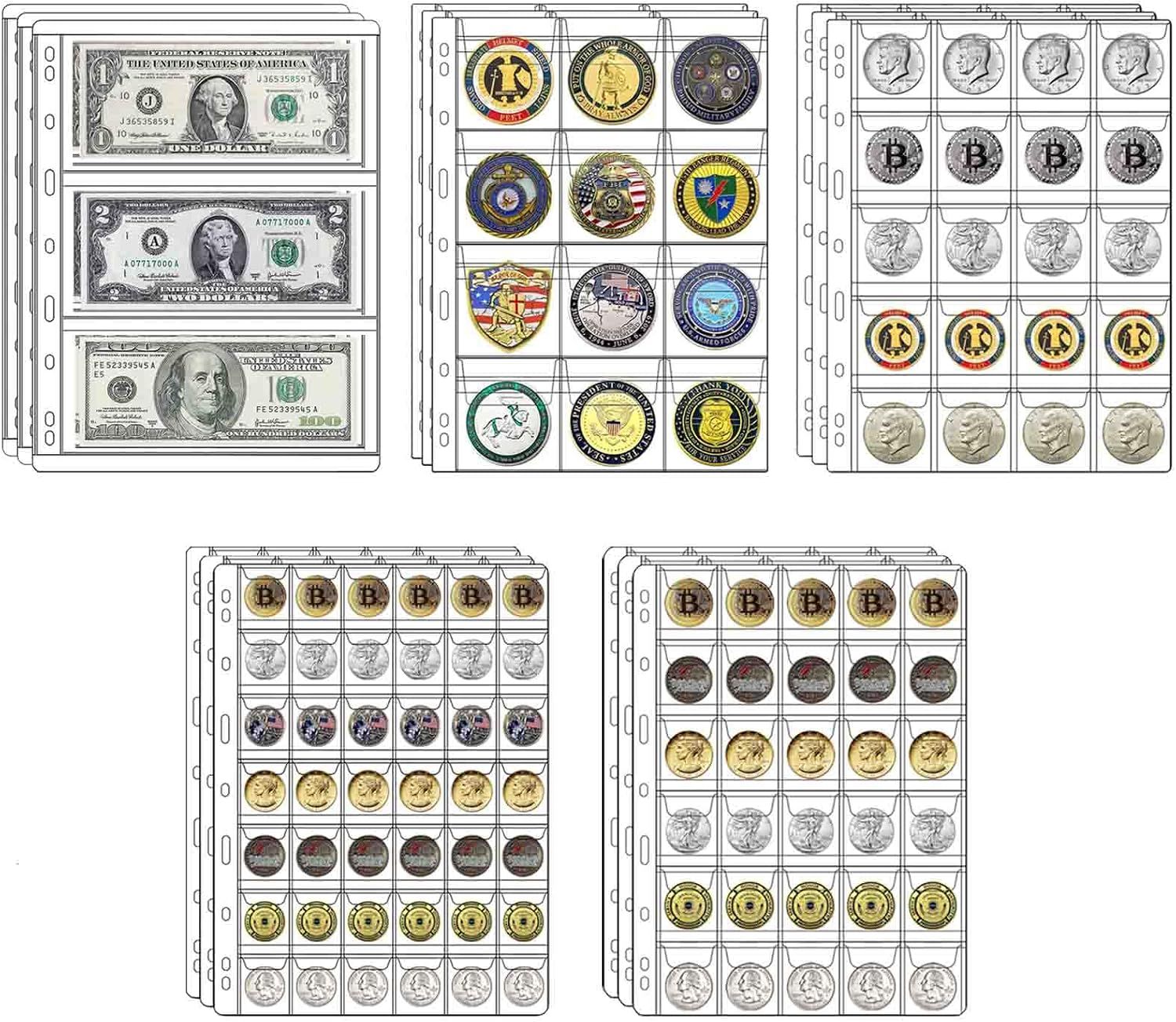 15 Sheets Coin Collection Supplies Pages, 5 Sizes Coins Collecting Pocket Page with Standard 9 Hole Coin Binder Sleeves for Coin Stamp Currency Collection