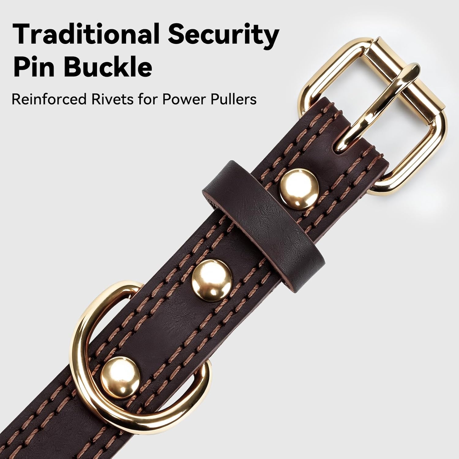 Genuine Leather Dog Collar for Large Dogs, Heavy Duty Thick Solid Power Breeds, Sturdy Adjustable Pet with Metal Pin Buckle, Durable Daily Walking, Brown, L — image 4