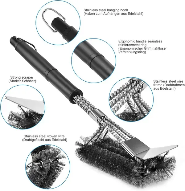Grill Cleaning Brush with Scraper, Stainless Steel Bristle BBQ Cleaner for Gas and Charcoal Grills, Black, 46 cm — image 3