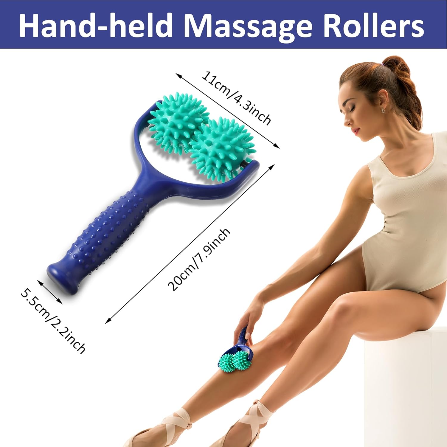 Handheld Spiky Massage Balls Rollers, 2 Wheel Spiky Massage Ball Rollers Silicone Manual Massage Roller with Handle Pressure Point Muscle Massage — image 2