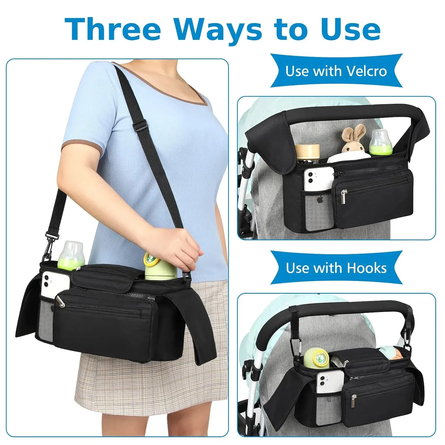Universal Stroller Organizer, Insulated Cup Holders Detachable Phone Bag Large Storage, Black โ image 5