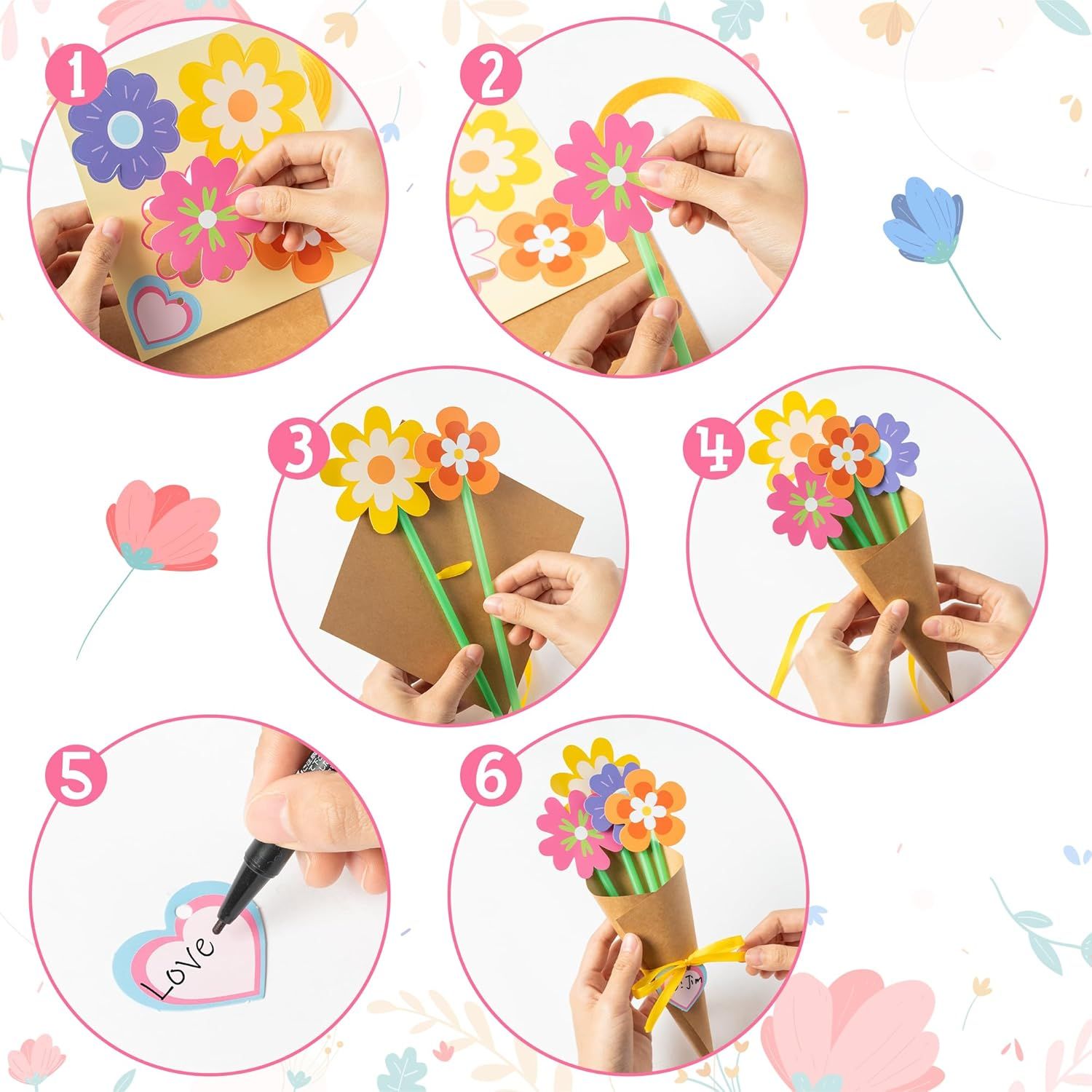 Flower Bouquet Craft Kit - 24Pcs Mother's Day Flower Bouquet Craft for Kids Make Your Own Bunch of Flowers Teacher Appreciation Week DIY Thankful Gift Set — image 3