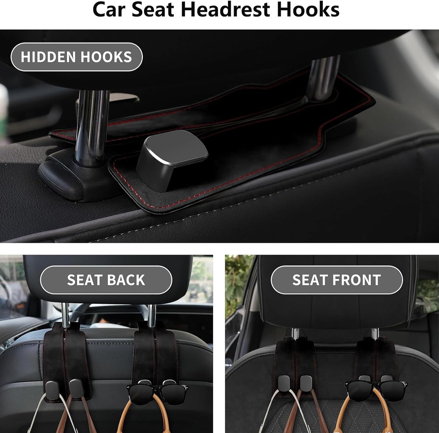 2 Pack Car Hooks for Headrest, Headrest Hooks Car Purse Hook Car Seat Back Storage Hook Premium Leather Car Seat Holder for Headrest Purses and Bags (Black) — image 3