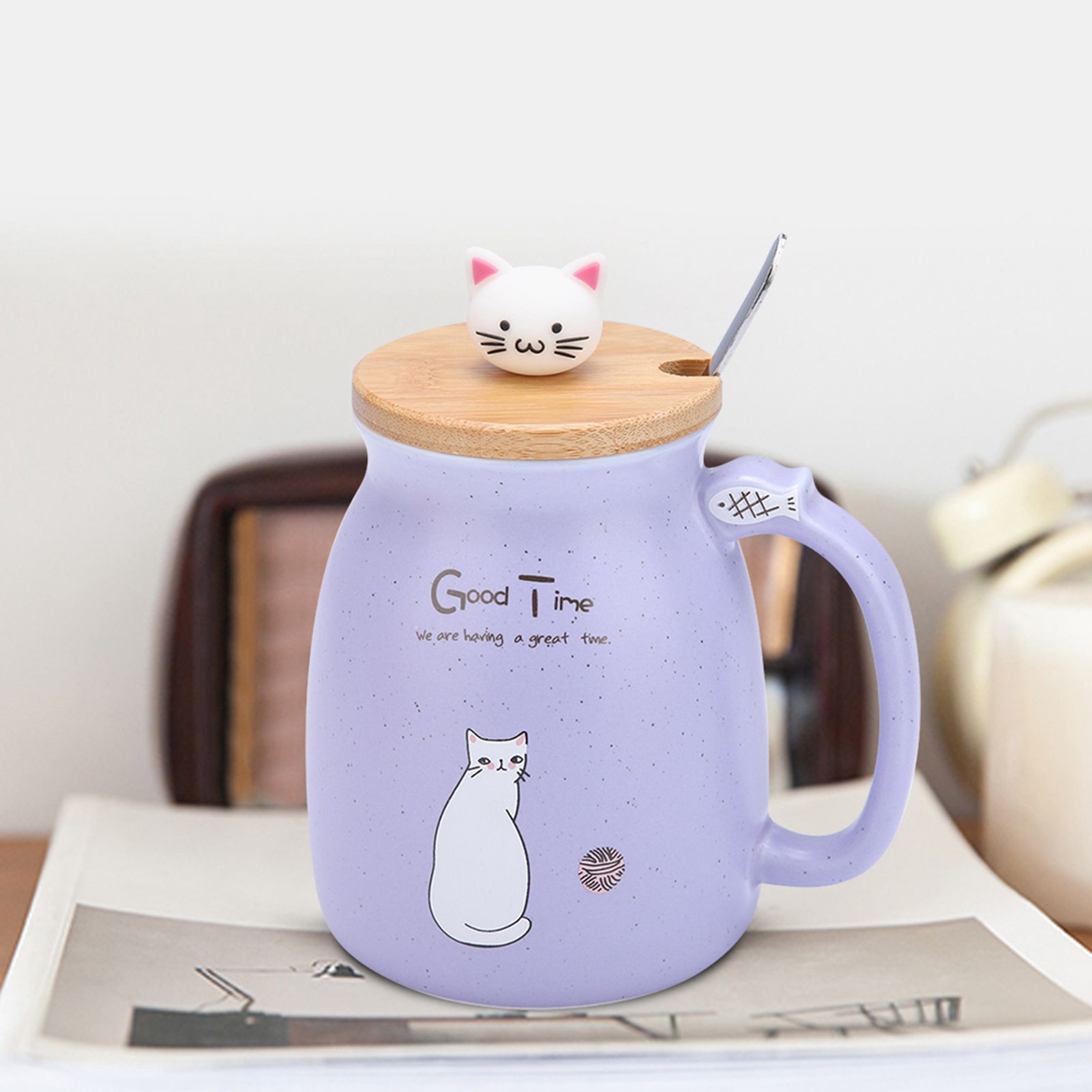 1Pc Lovely Cat Ceramic Cup with Spoon and Lid Coffee Water Milk Mug for Drinkware Gift(Purple) โ image 5