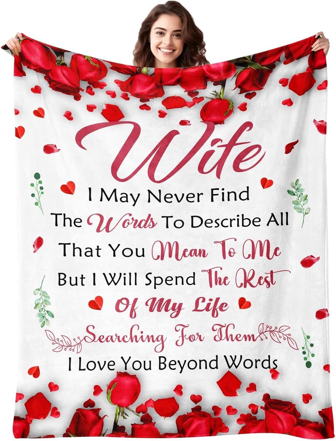 Romantic Rose Print Fleece Blanket for Wife, Soft Cozy Throw for Valentine’s Day Anniversary Christmas Gift, Warm Snuggle Blanket with Love Message (50”*60”)