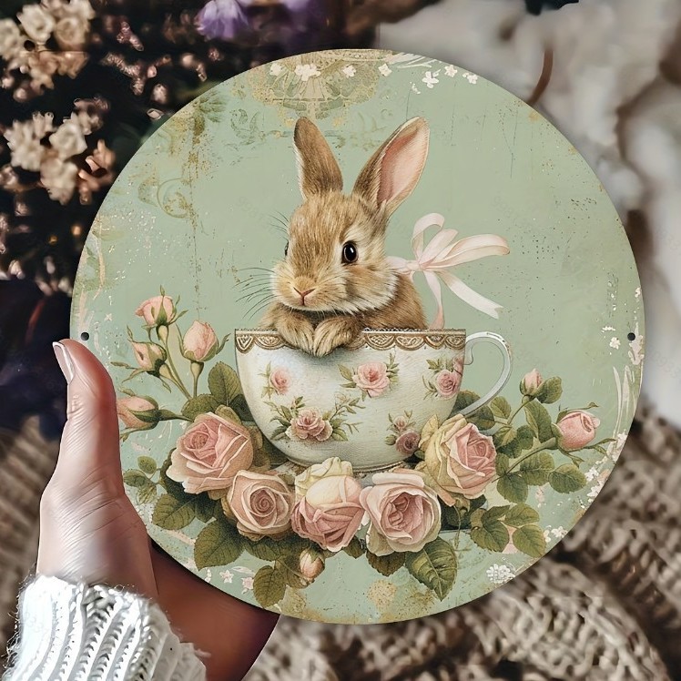 Easter Wooden Door Sign & Hanging Ornament 3-Piece Set – Festive Bunny, Tulip Flower Cart, and Rose Teacup Bunny Designs — image 4