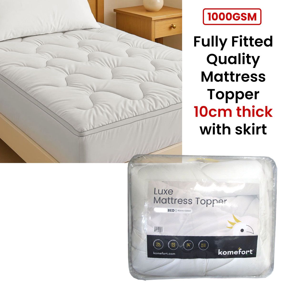 1000GSM Luxe Fully Fitted Mattress Topper 10cm thick with Fitted Skirt Queen โ image 2