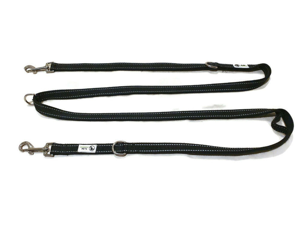 Multi Dog Lead - Nylon w/Reflective Stitching - Double Clip, Coupler, Waist Belt, Short/Long, Quicktie - Moondidley Pets 20mm Black