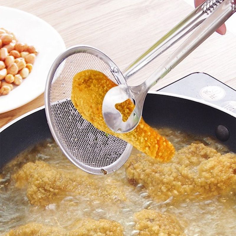 2 in 1 Stainless Steel Fine Mesh Strainer With Clip Tongs Oil Filter Spoon Multi-functional Reusable BBQ Filter Clamp Strainer — image 5