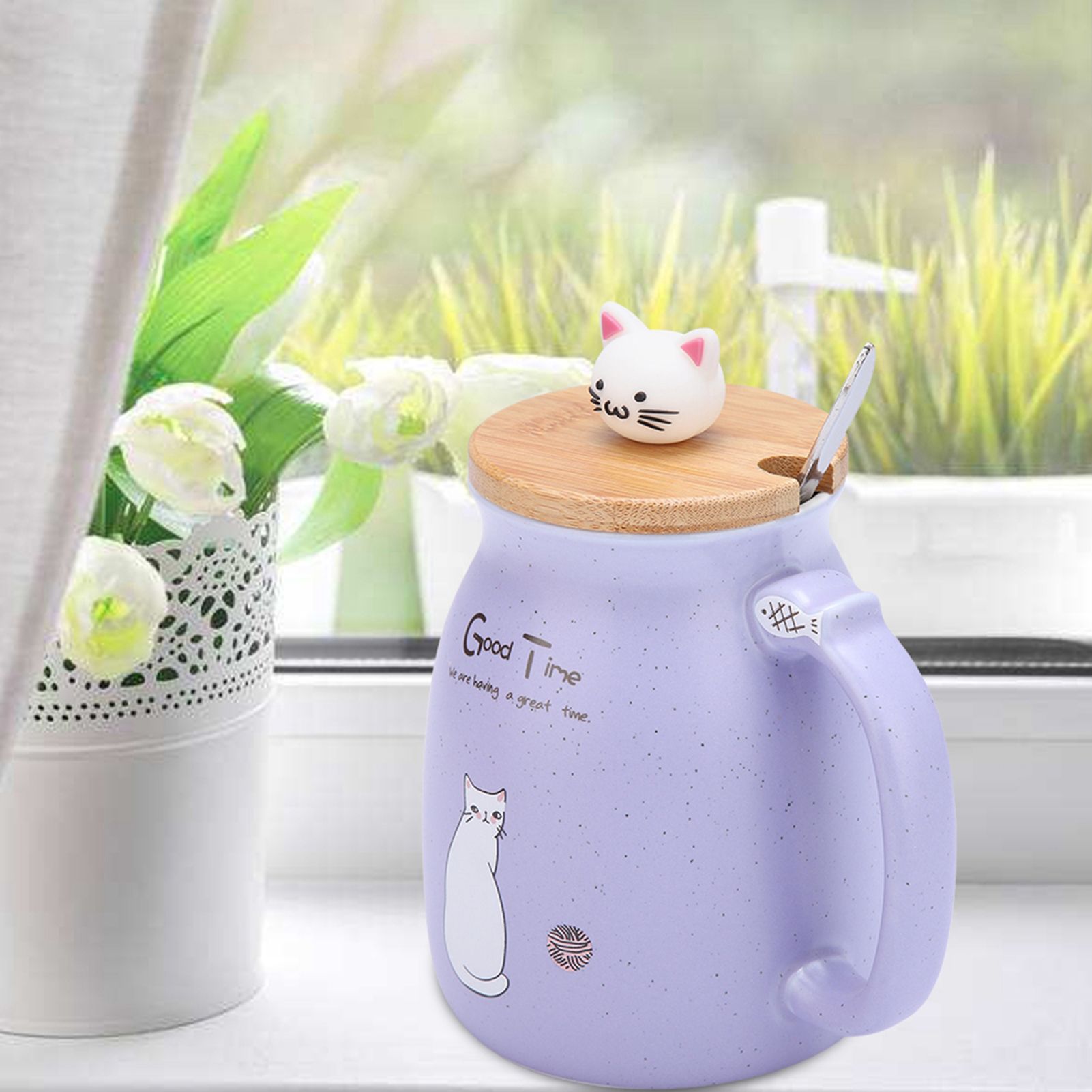 1Pc Lovely Cat Ceramic Cup with Spoon and Lid Coffee Water Milk Mug for Drinkware Gift(Purple) โ image 6